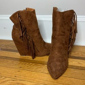 Faux Suede Wedge Booties w/Fringe Detail